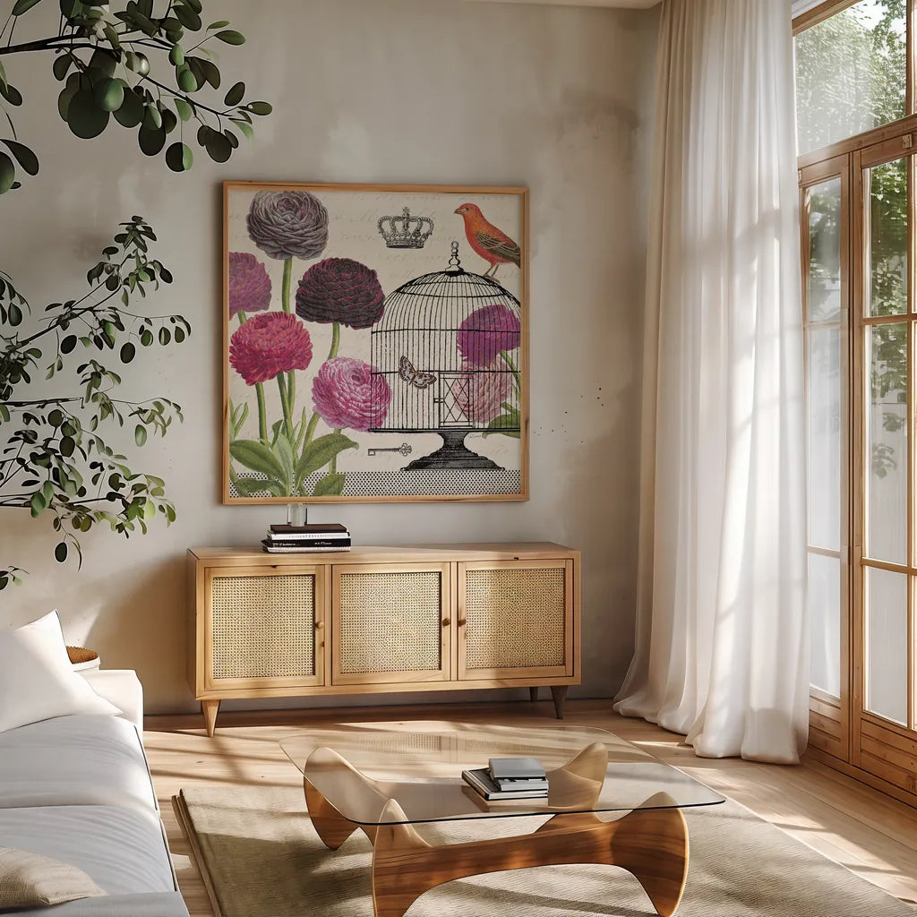 Birdcage Fauna I by Sue Schlabach. Shown in a natural wood frame in a cozy modern living room. Available as an archival giclee rolled canvas, fine art paper, or poster print. SKU 12329a.