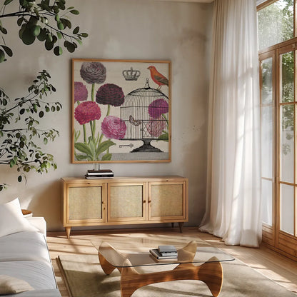 Birdcage Fauna I by Sue Schlabach. Shown in a natural wood frame in a cozy modern living room. Available as an archival giclee rolled canvas, fine art paper, or poster print. SKU 12329a.