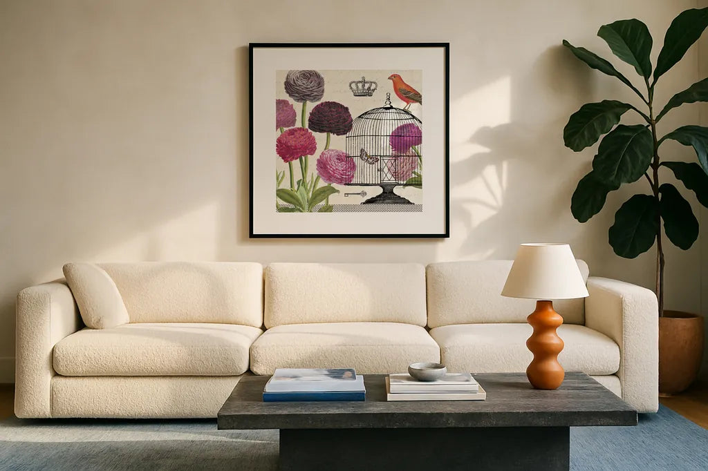 Birdcage Fauna I by Sue Schlabach. Displayed in a glass frame with matte in a clean modern living room. Available as an archival giclee rolled canvas, fine art paper, or poster print. SKU 12329a.