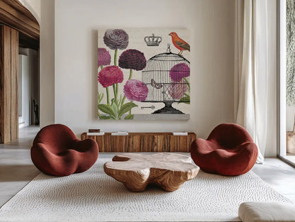 Birdcage Fauna I by Sue Schlabach. Shown as extra-large giant wall art in a modern living room. Available as an archival giclee rolled canvas, fine art paper, or poster print. SKU 12329a.