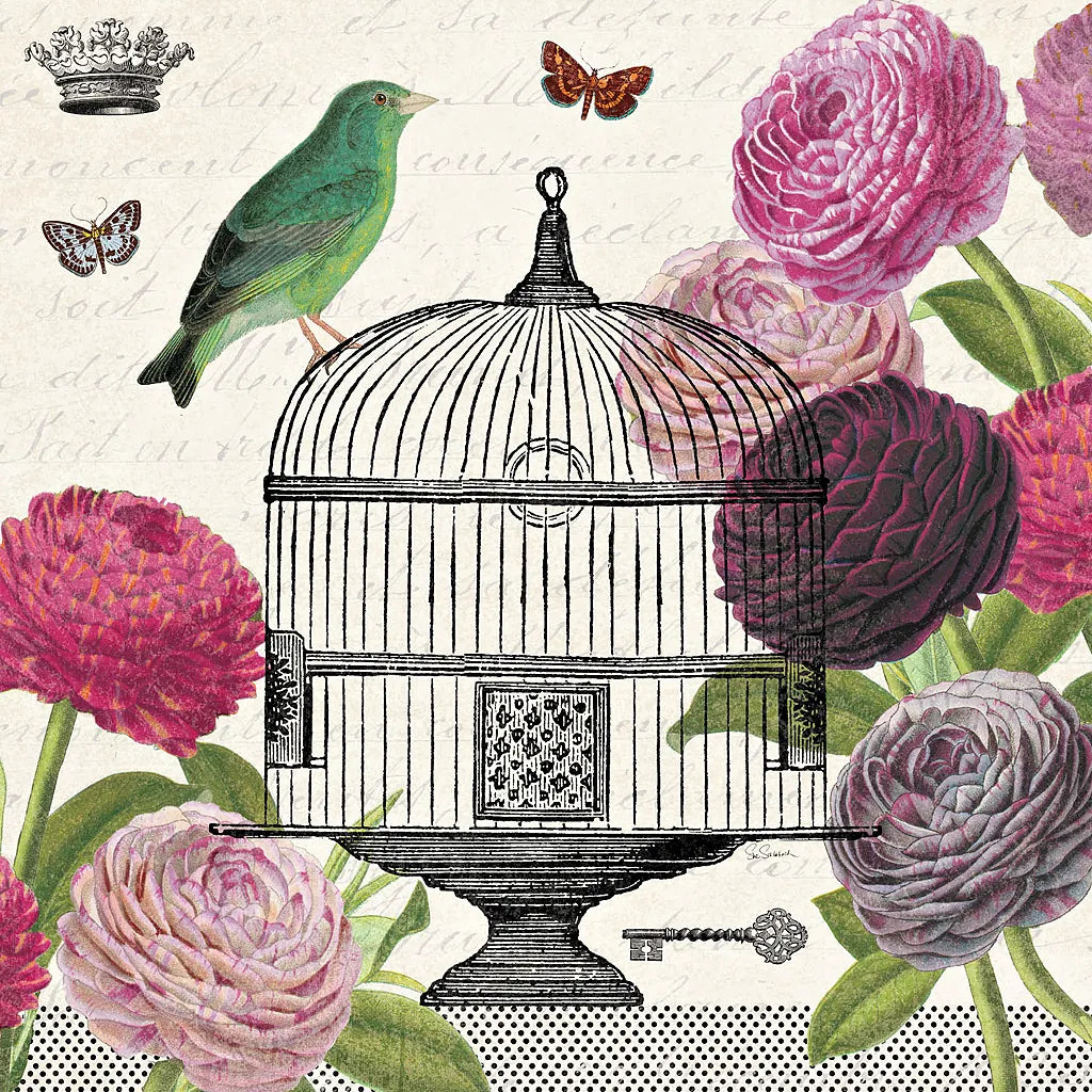Birdcage Fauna II by Sue Schlabach. SKU 12330a. Archival Giclee Fine art print for wall decor.