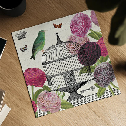 Birdcage Fauna II by Sue Schlabach. Shown as a detailed flat fine art print, highlighting archival giclee quality. Available as an archival giclee rolled canvas, fine art paper, or poster print. SKU 12330a.