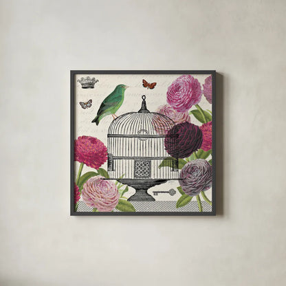 Birdcage Fauna II by Sue Schlabach. Shown in a sleek black glass frame for a contemporary gallery look. Available as an archival giclee rolled canvas, fine art paper, or poster print. SKU 12330a.