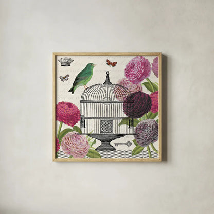 Birdcage Fauna II by Sue Schlabach. Shown in a natural wood glass frame for a timeless modern aesthetic. Available as an archival giclee rolled canvas, fine art paper, or poster print. SKU 12330a.