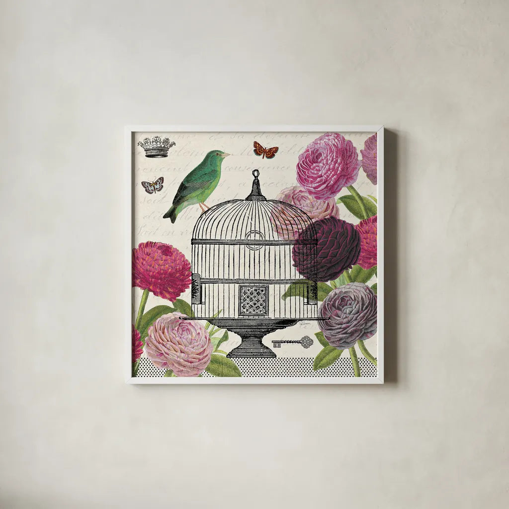 Birdcage Fauna II by Sue Schlabach. Shown in a crisp white glass frame for a clean and minimalist style. Available as an archival giclee rolled canvas, fine art paper, or poster print. SKU 12330a.