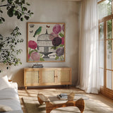 Birdcage Fauna II by Sue Schlabach. Shown in a natural wood frame in a cozy modern living room. Available as an archival giclee rolled canvas, fine art paper, or poster print. SKU 12330a.