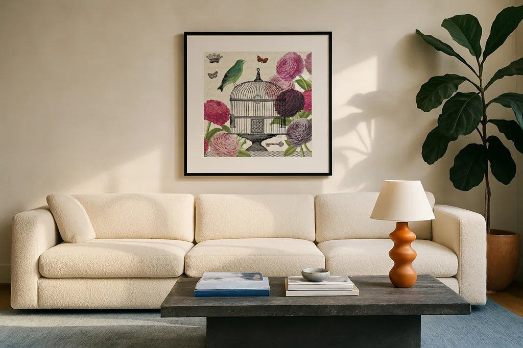 Birdcage Fauna II by Sue Schlabach. Displayed in a glass frame with matte in a clean modern living room. Available as an archival giclee rolled canvas, fine art paper, or poster print. SKU 12330a.