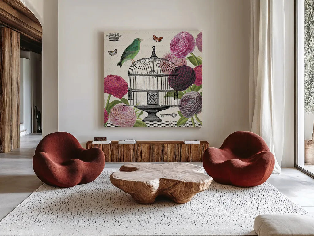 Birdcage Fauna II by Sue Schlabach. Shown as extra-large giant wall art in a modern living room. Available as an archival giclee rolled canvas, fine art paper, or poster print. SKU 12330a.