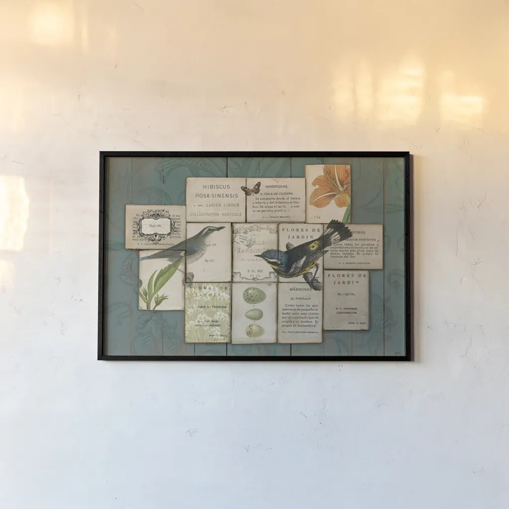 Birds of the Garden by Sue Schlabach. shown as a paper print in a black flame. Available as a archival giclee rolled canvas, fine art paper, or poster print. SKU 2802i.