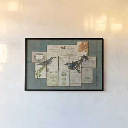 Birds of the Garden by Sue Schlabach. shown as a paper print in a black flame. Available as a archival giclee rolled canvas, fine art paper, or poster print. SKU 2802i.