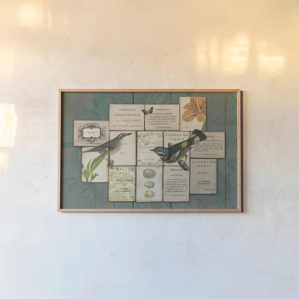 Birds of the Garden by Sue Schlabach. shown as a paper print in a natural frame. Available as a archival giclee rolled canvas, fine art paper, or poster print. SKU 2802i.