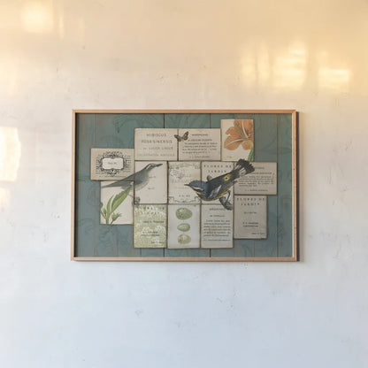 Birds of the Garden by Sue Schlabach. shown as a paper print in a natural frame. Available as a archival giclee rolled canvas, fine art paper, or poster print. SKU 2802i.