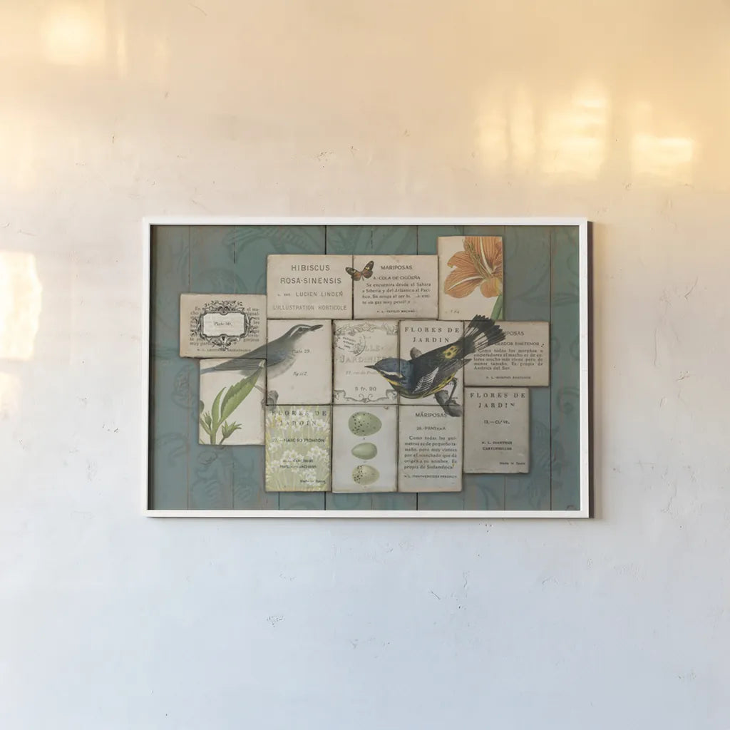 Birds of the Garden by Sue Schlabach. shown as a paper print in a white frame. Available as a archival giclee rolled canvas, fine art paper, or poster print. SKU 2802i.