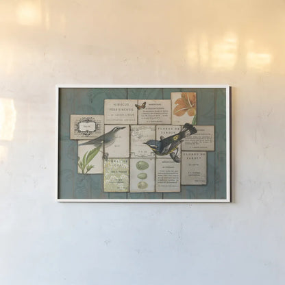 Birds of the Garden by Sue Schlabach. shown as a paper print in a white frame. Available as a archival giclee rolled canvas, fine art paper, or poster print. SKU 2802i.