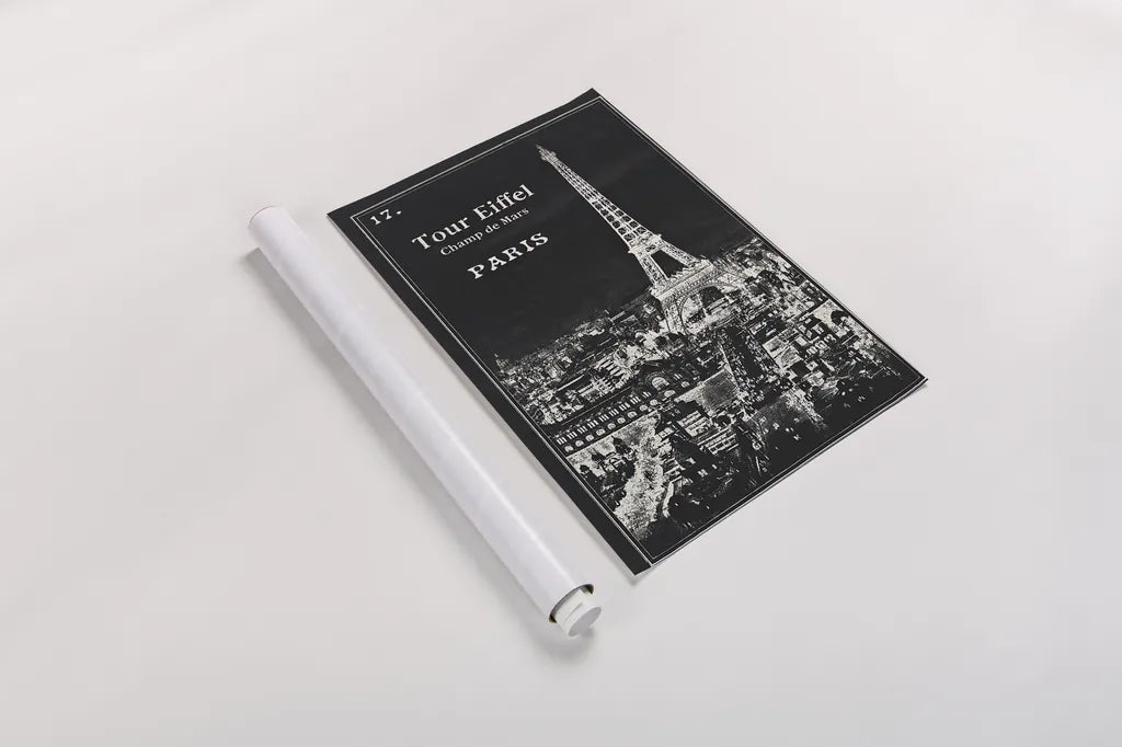 Black Blueprint Map Eiffel Tower by Sue Schlabach. shown as a rolled paper print. Available as archival giclee rolled canvas, fine art paper, or poster print. SKU 36395h.