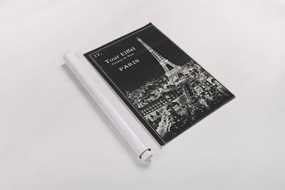 Black Blueprint Map Eiffel Tower by Sue Schlabach. shown as a rolled paper print. Available as archival giclee rolled canvas, fine art paper, or poster print. SKU 36395h.