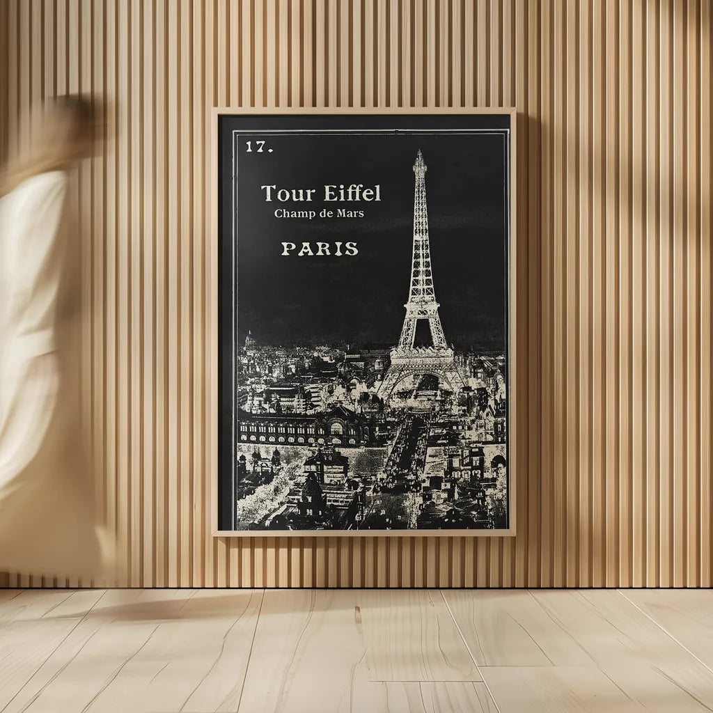 Black Blueprint Map Eiffel Tower by Sue Schlabach. shown as over sized large wall art. Available as an archival giclee rolled canvas, fine art paper, or poster print. SKU 36395h.