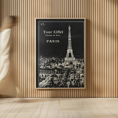 Black Blueprint Map Eiffel Tower by Sue Schlabach. shown as over sized large wall art. Available as an archival giclee rolled canvas, fine art paper, or poster print. SKU 36395h.