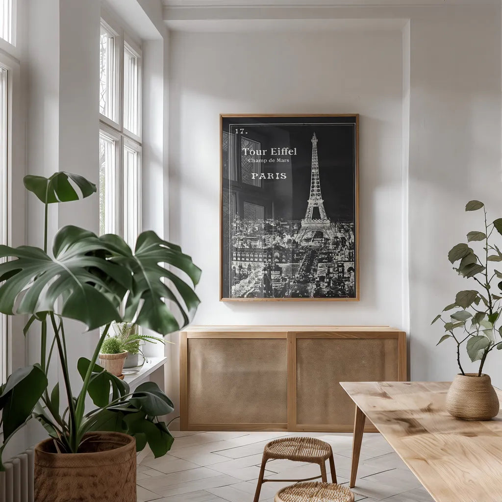 Black Blueprint Map Eiffel Tower by Sue Schlabach. shown as a print in a natural wood frame in a dining room. Available as a archival giclee rolled canvas, fine art paper, or poster print. SKU 36395h.