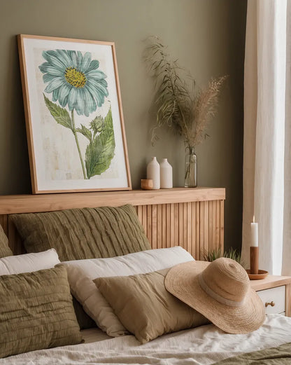 Bloemen Boek VI by Sue Schlabach. shown as a paper print in a natural frame. Available as a archival giclee rolled canvas, fine art paper, or poster print. SKU 28496h.