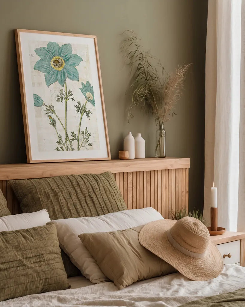 Bloemen Boek VII by Sue Schlabach. shown as a paper print in a natural frame. Available as a archival giclee rolled canvas, fine art paper, or poster print. SKU 28497h.