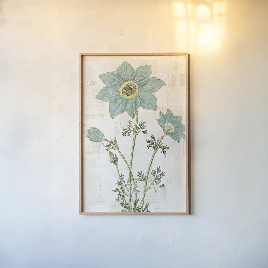 Bloemen Boek VII by Sue Schlabach. shown as a paper print in a natural frame. Available as a archival giclee rolled canvas, fine art paper, or poster print. SKU 28497h.