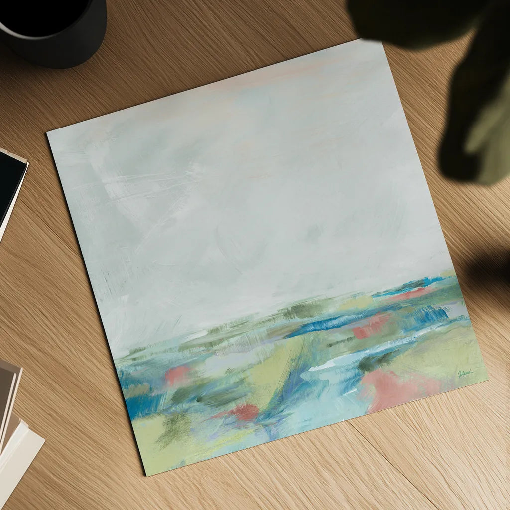 Blue Horizon Sq I by Sue Schlabach. Shown as a detailed flat fine art print, highlighting archival giclee quality. Available as an archival giclee rolled canvas, fine art paper, or poster print. SKU 69558a.