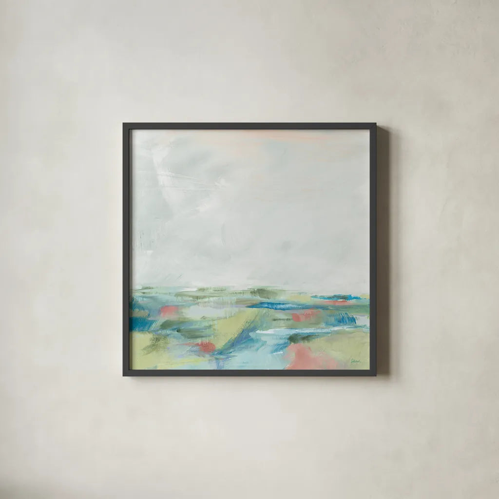 Blue Horizon Sq I by Sue Schlabach. Shown in a sleek black glass frame for a contemporary gallery look. Available as an archival giclee rolled canvas, fine art paper, or poster print. SKU 69558a.