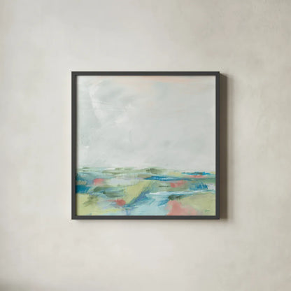 Blue Horizon Sq I by Sue Schlabach. Shown in a sleek black glass frame for a contemporary gallery look. Available as an archival giclee rolled canvas, fine art paper, or poster print. SKU 69558a.
