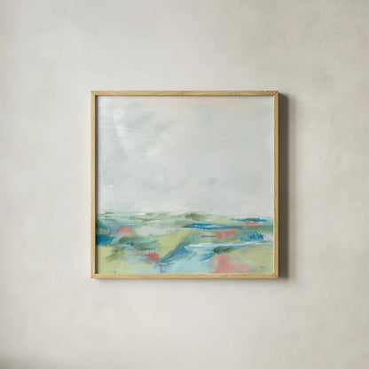 Blue Horizon Sq I by Sue Schlabach. Shown in a natural wood glass frame for a timeless modern aesthetic. Available as an archival giclee rolled canvas, fine art paper, or poster print. SKU 69558a.