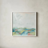 Blue Horizon Sq I by Sue Schlabach. Shown in a crisp white glass frame for a clean and minimalist style. Available as an archival giclee rolled canvas, fine art paper, or poster print. SKU 69558a.