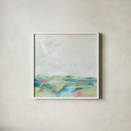 Blue Horizon Sq I by Sue Schlabach. Shown in a crisp white glass frame for a clean and minimalist style. Available as an archival giclee rolled canvas, fine art paper, or poster print. SKU 69558a.