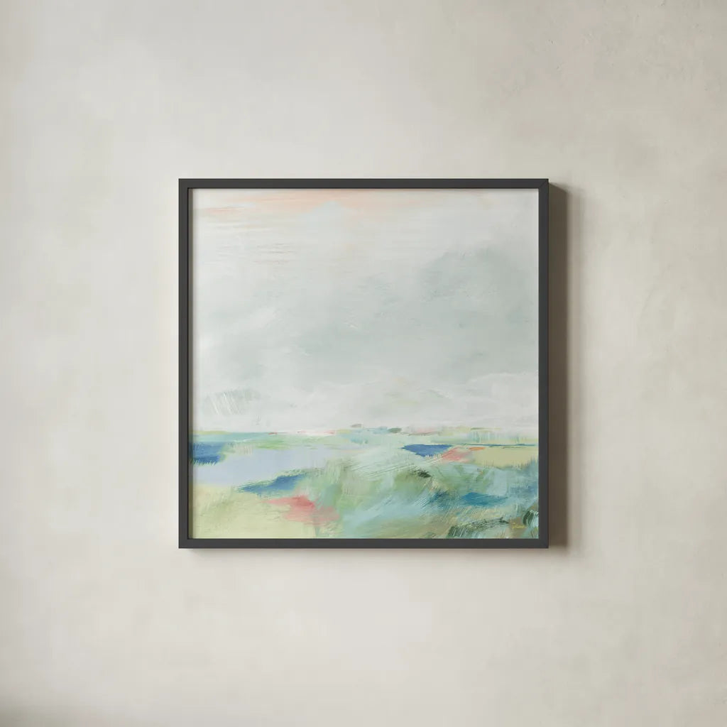Blue Horizon Sq II by Sue Schlabach. Shown in a sleek black glass frame for a contemporary gallery look. Available as an archival giclee rolled canvas, fine art paper, or poster print. SKU 69559a.