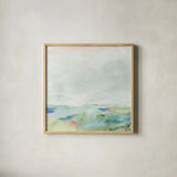 Blue Horizon Sq II by Sue Schlabach. Shown in a natural wood glass frame for a timeless modern aesthetic. Available as an archival giclee rolled canvas, fine art paper, or poster print. SKU 69559a.
