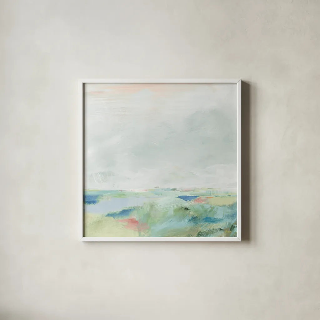 Blue Horizon Sq II by Sue Schlabach. Shown in a crisp white glass frame for a clean and minimalist style. Available as an archival giclee rolled canvas, fine art paper, or poster print. SKU 69559a.
