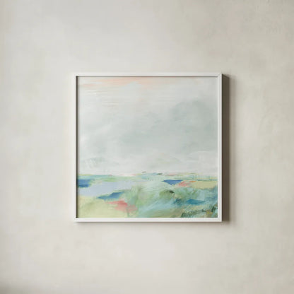 Blue Horizon Sq II by Sue Schlabach. Shown in a crisp white glass frame for a clean and minimalist style. Available as an archival giclee rolled canvas, fine art paper, or poster print. SKU 69559a.