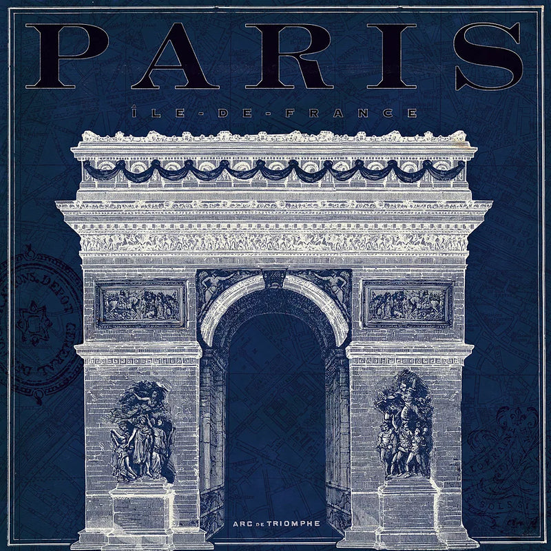 Blueprint Arc de Triomphe by Sue Schlabach. SKU 14902a. Archival Giclee Fine art print for wall decor.