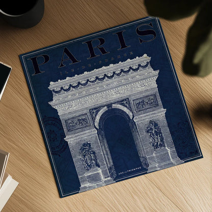 Blueprint Arc de Triomphe by Sue Schlabach. Shown as a detailed flat fine art print, highlighting archival giclee quality. Available as an archival giclee rolled canvas, fine art paper, or poster print. SKU 14902a.
