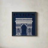 Blueprint Arc de Triomphe by Sue Schlabach. Shown in a sleek black glass frame for a contemporary gallery look. Available as an archival giclee rolled canvas, fine art paper, or poster print. SKU 14902a.