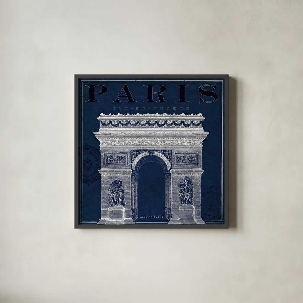 Blueprint Arc de Triomphe by Sue Schlabach. Shown in a sleek black glass frame for a contemporary gallery look. Available as an archival giclee rolled canvas, fine art paper, or poster print. SKU 14902a.