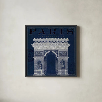 Blueprint Arc de Triomphe by Sue Schlabach. Shown in a sleek black glass frame for a contemporary gallery look. Available as an archival giclee rolled canvas, fine art paper, or poster print. SKU 14902a.