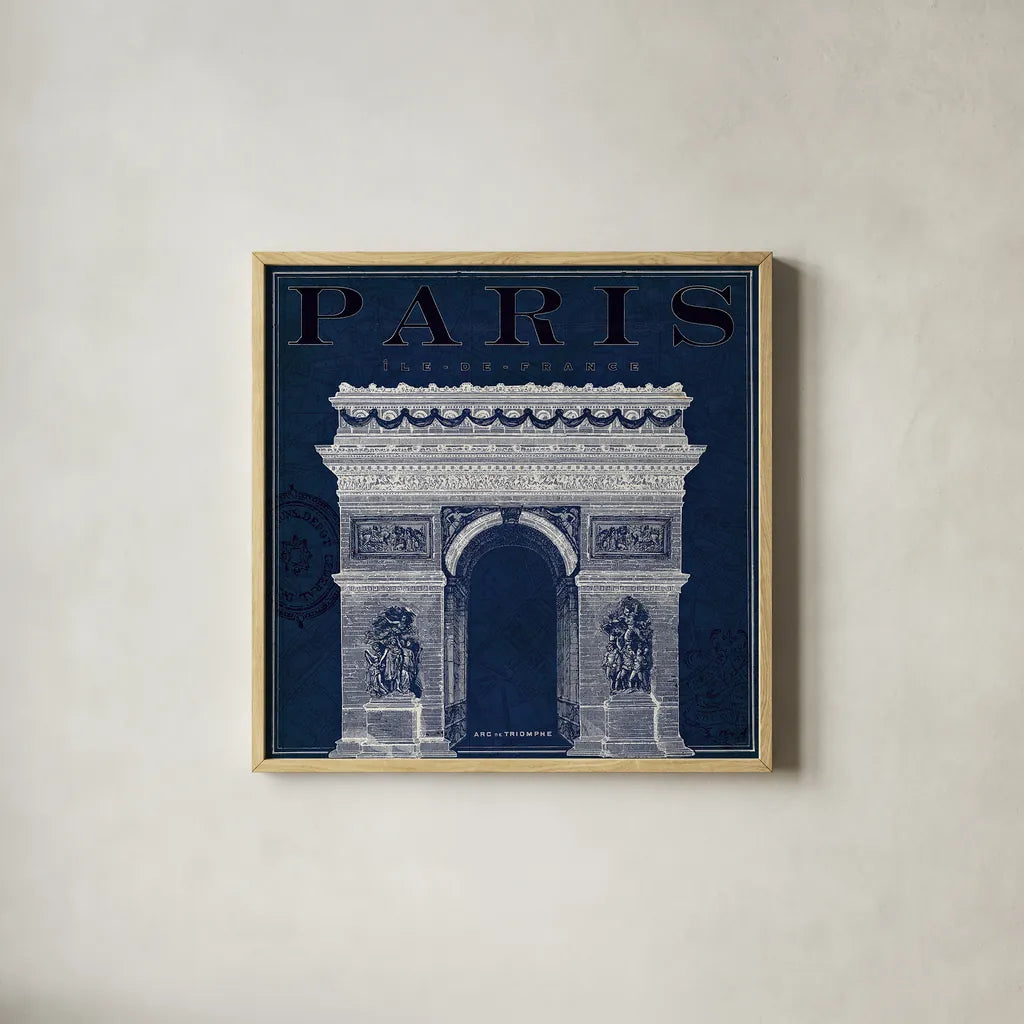 Blueprint Arc de Triomphe by Sue Schlabach. Shown in a natural wood glass frame for a timeless modern aesthetic. Available as an archival giclee rolled canvas, fine art paper, or poster print. SKU 14902a.