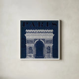 Blueprint Arc de Triomphe by Sue Schlabach. Shown in a crisp white glass frame for a clean and minimalist style. Available as an archival giclee rolled canvas, fine art paper, or poster print. SKU 14902a.