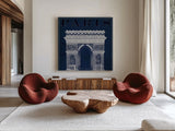 Blueprint Arc de Triomphe by Sue Schlabach. Shown as extra-large giant wall art in a modern living room. Available as an archival giclee rolled canvas, fine art paper, or poster print. SKU 14902a.
