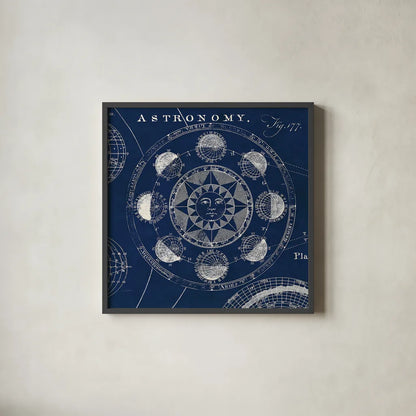 Blueprint Astronomy Crop by Sue Schlabach. Shown in a sleek black glass frame for a contemporary gallery look. Available as an archival giclee rolled canvas, fine art paper, or poster print. SKU 44637a.