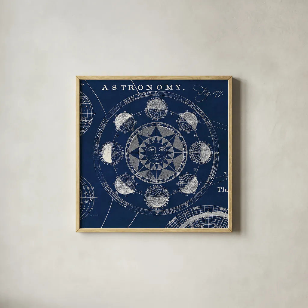 Blueprint Astronomy Crop by Sue Schlabach. Shown in a natural wood glass frame for a timeless modern aesthetic. Available as an archival giclee rolled canvas, fine art paper, or poster print. SKU 44637a.