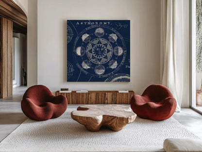 Blueprint Astronomy Crop by Sue Schlabach. Shown as extra-large giant wall art in a modern living room. Available as an archival giclee rolled canvas, fine art paper, or poster print. SKU 44637a.