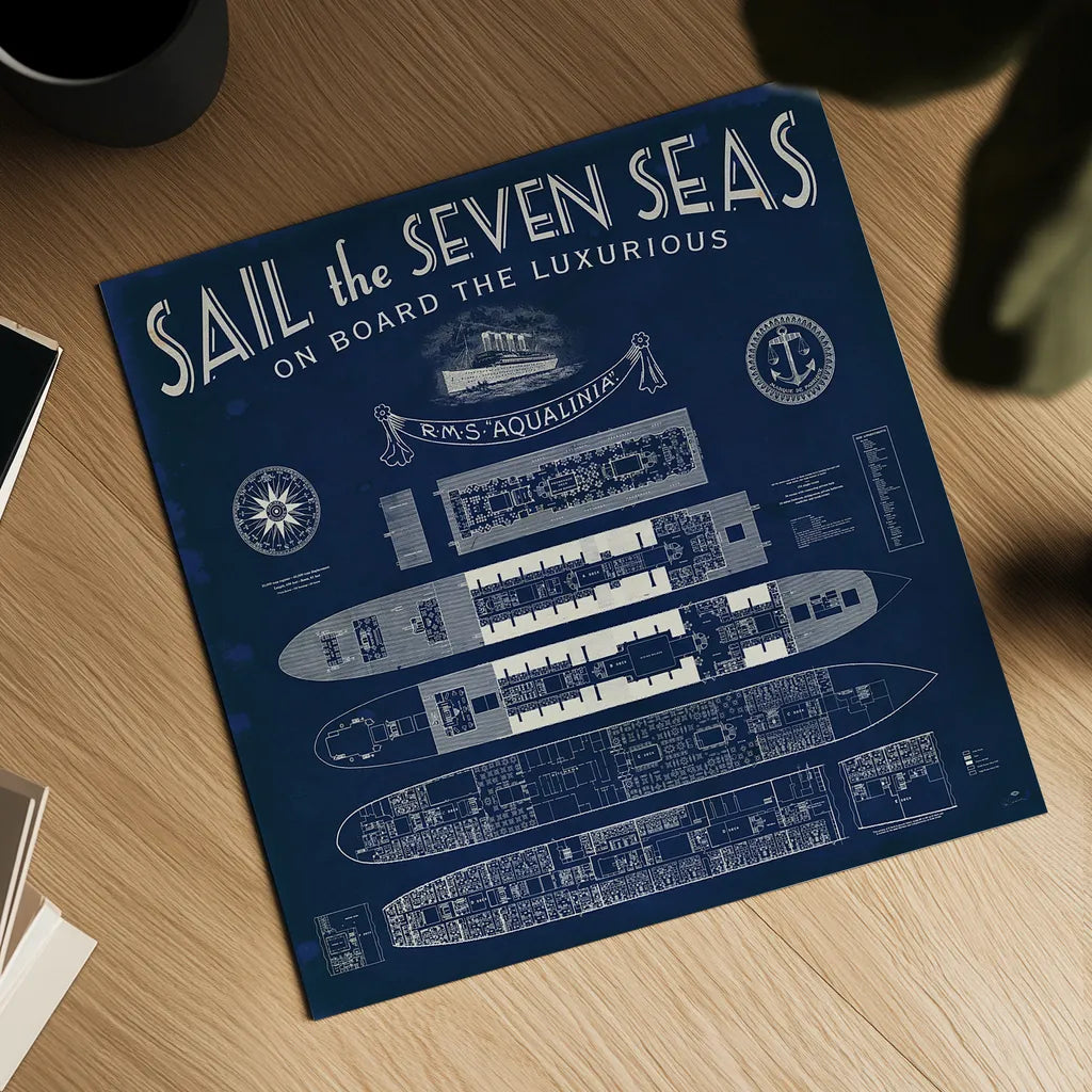 Blueprint Luxury Liner by Sue Schlabach. Shown as a detailed flat fine art print, highlighting archival giclee quality. Available as an archival giclee rolled canvas, fine art paper, or poster print. SKU 13698a.