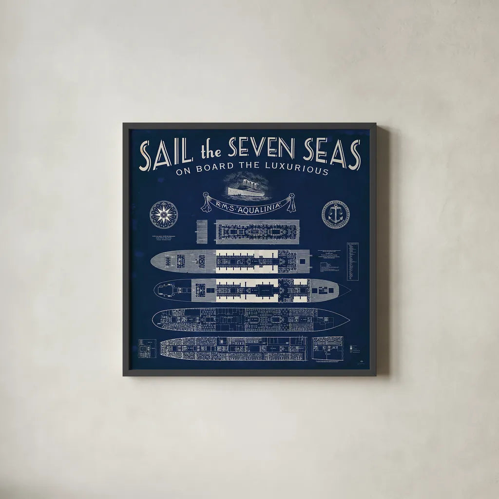 Blueprint Luxury Liner by Sue Schlabach. Shown in a sleek black glass frame for a contemporary gallery look. Available as an archival giclee rolled canvas, fine art paper, or poster print. SKU 13698a.