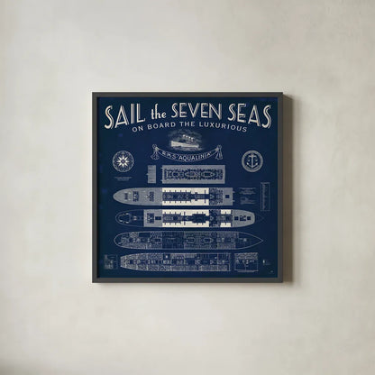 Blueprint Luxury Liner by Sue Schlabach. Shown in a sleek black glass frame for a contemporary gallery look. Available as an archival giclee rolled canvas, fine art paper, or poster print. SKU 13698a.